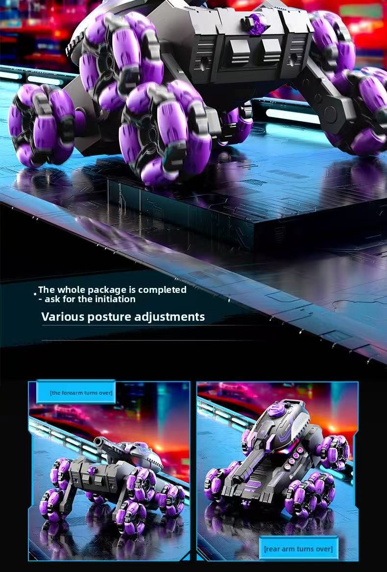 The six-wheel remote-controlled car can launch water bombs and the gestured sensing tank