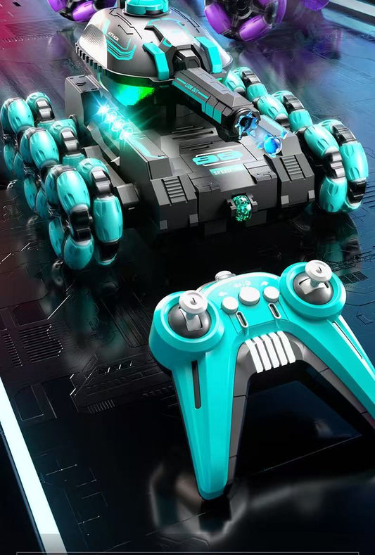 The six-wheel remote-controlled car can launch water bombs and the gestured sensing tank